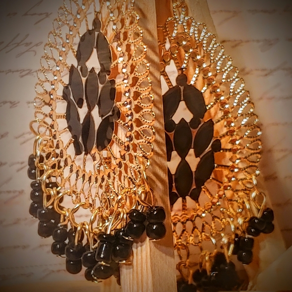 Gold Toned and Black Jeweled Tear dropped Earings - Picture 2 of 2